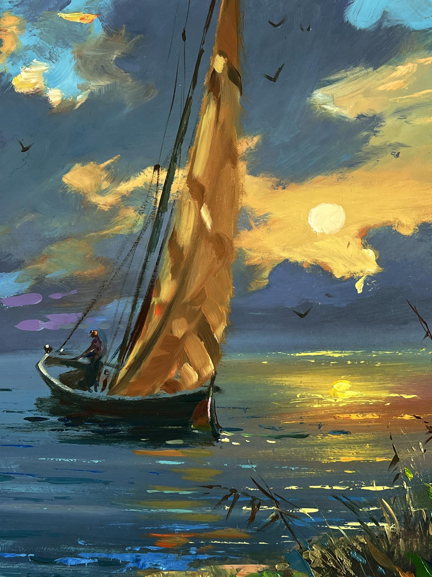 Oil painting of sailboat at sunset by Yuriy Suprunchuk