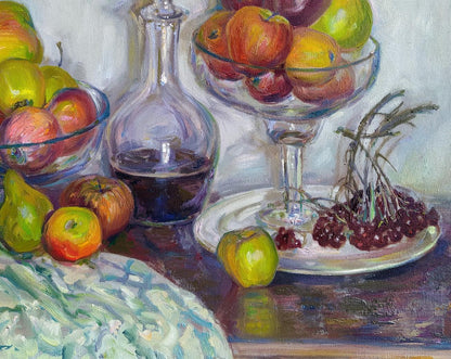 Oil painting of apples and wine by Leonid Pavlenko with red wine decanter