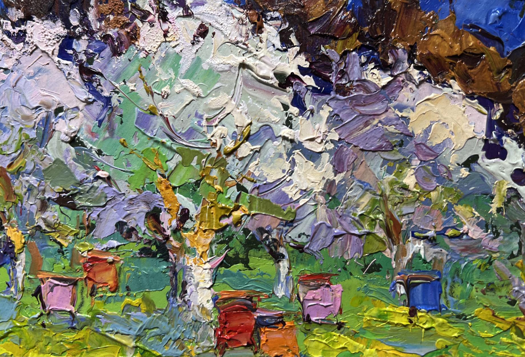 Vibrant impressionist oil painting Spring apiary by Oksana Ivanyuk