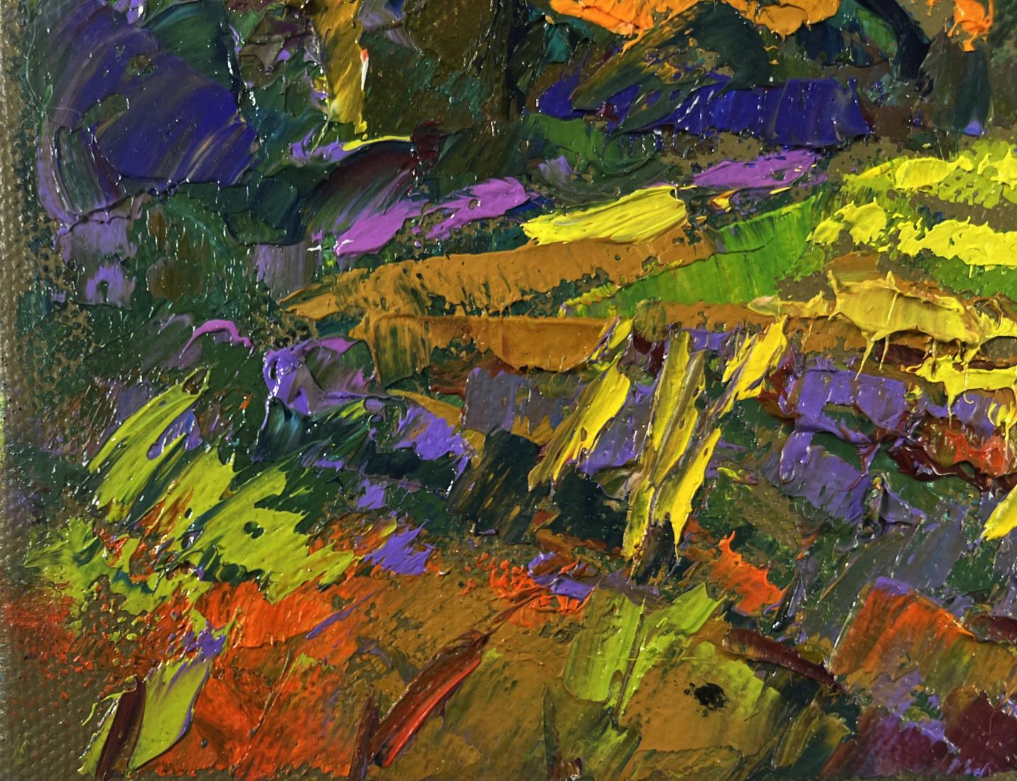 Vibrant oil painting In the Garden by Oleksiy Ivanyuk with bold green, yellow strokes