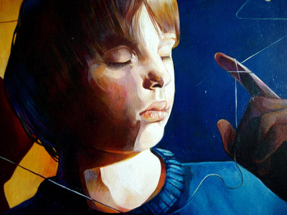 Close-up oil painting of childs dreamy face by Konsta G. Amelinn