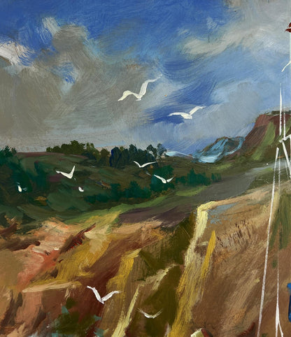 Vibrant impressionist oil painting of rugged yacht landscape with seagulls by Yuriy Suprunchuk