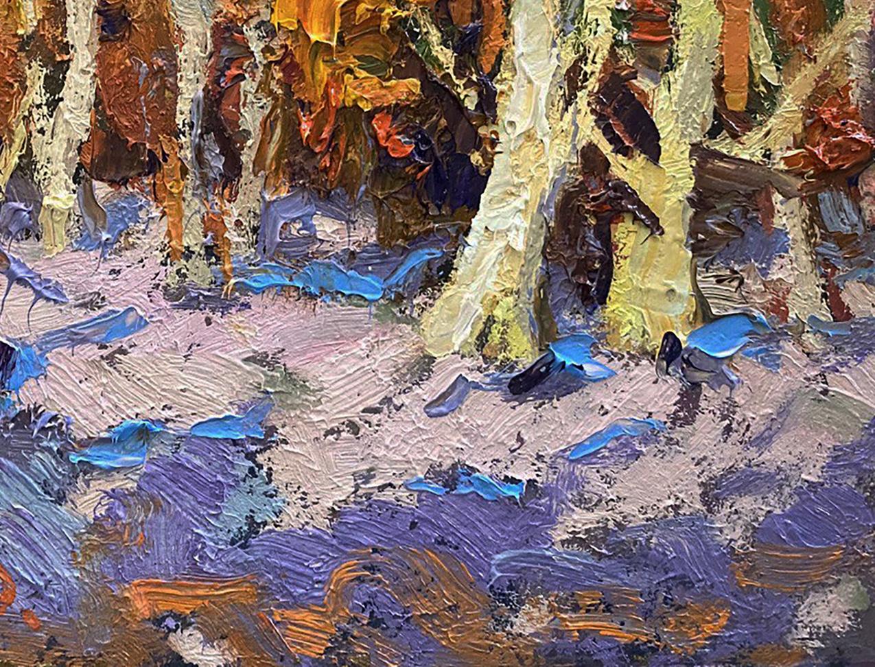 Vibrant impressionist snow-covered forest oil painting by Oleksiy Ivanyuk