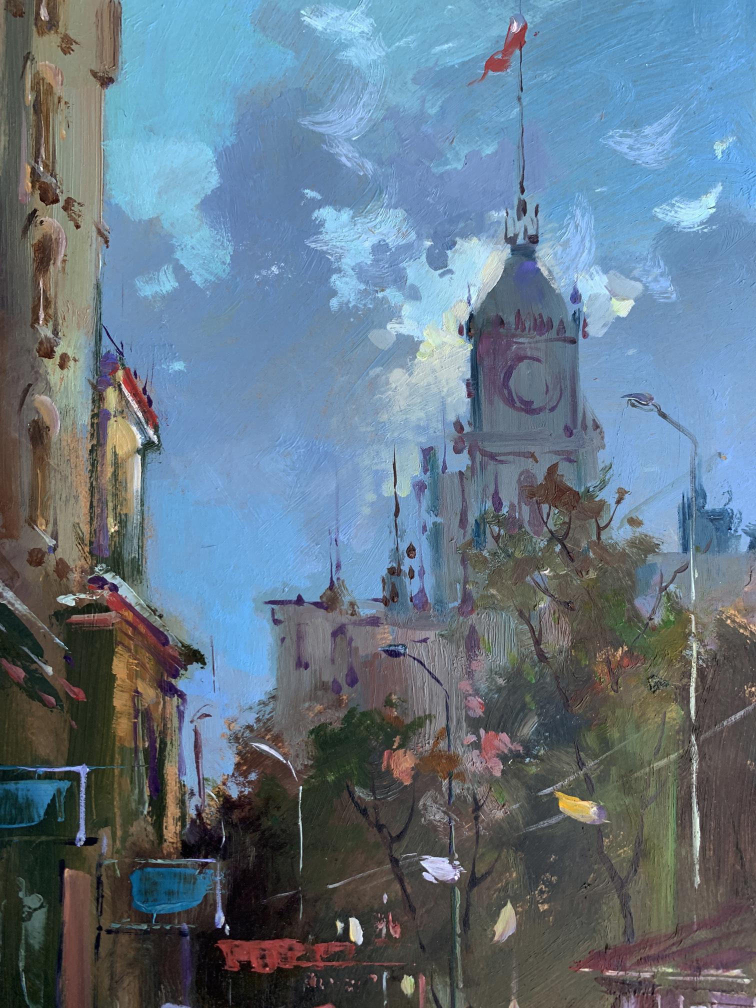 Oil painting of ornate clock tower by Yuriy Suprunchuk against blue sky