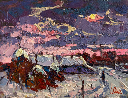 Vibrant impressionist painting by Oleksiy and Oksana Ivaniuk with purples, pinks, golds