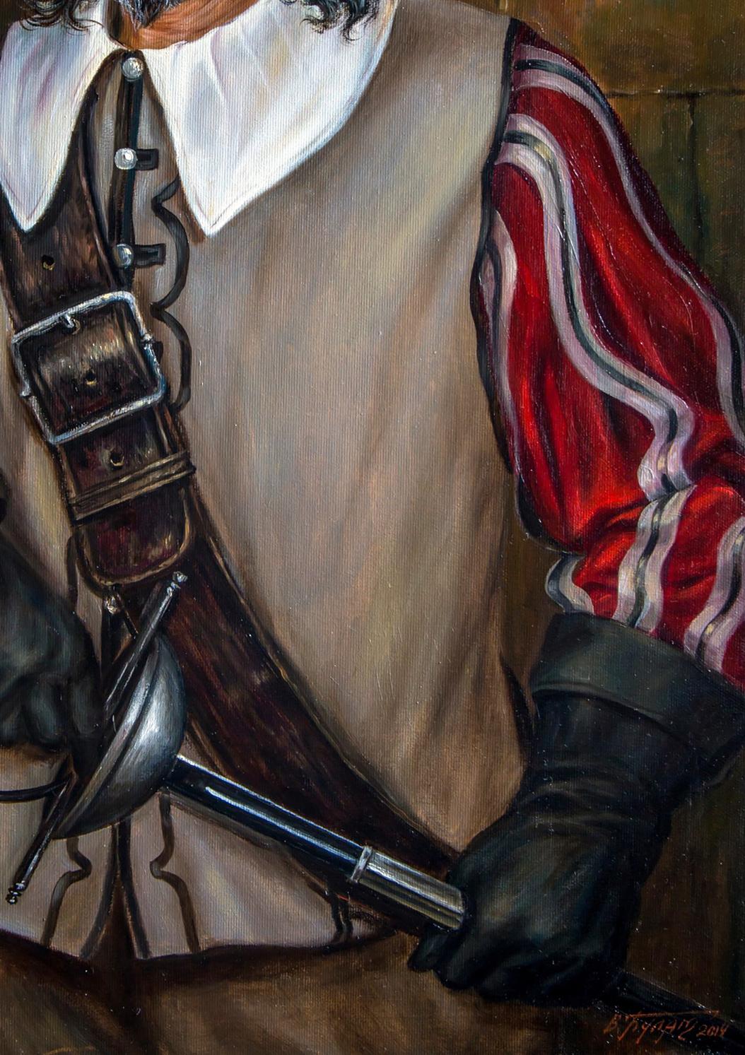 Dark brown leather sword belt with silver buckle over beige vest in Valeriy Bulat oil painting