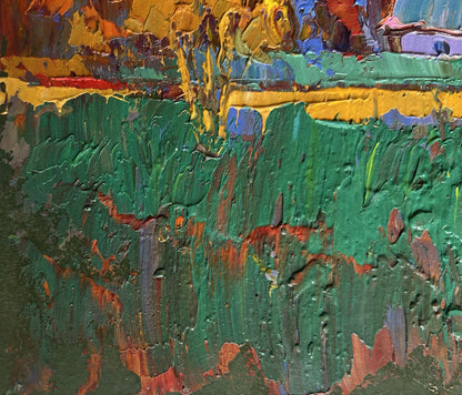 Vibrant impasto oil painting Crimson autumn in the village by Oksana Ivanyuk