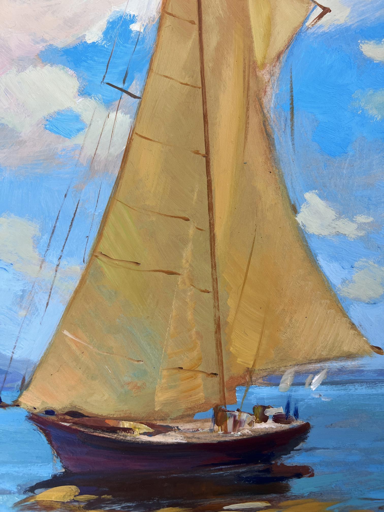 Oil painting Towards the Wind by Yuriy Suprunchuk: sailboat on calm waters