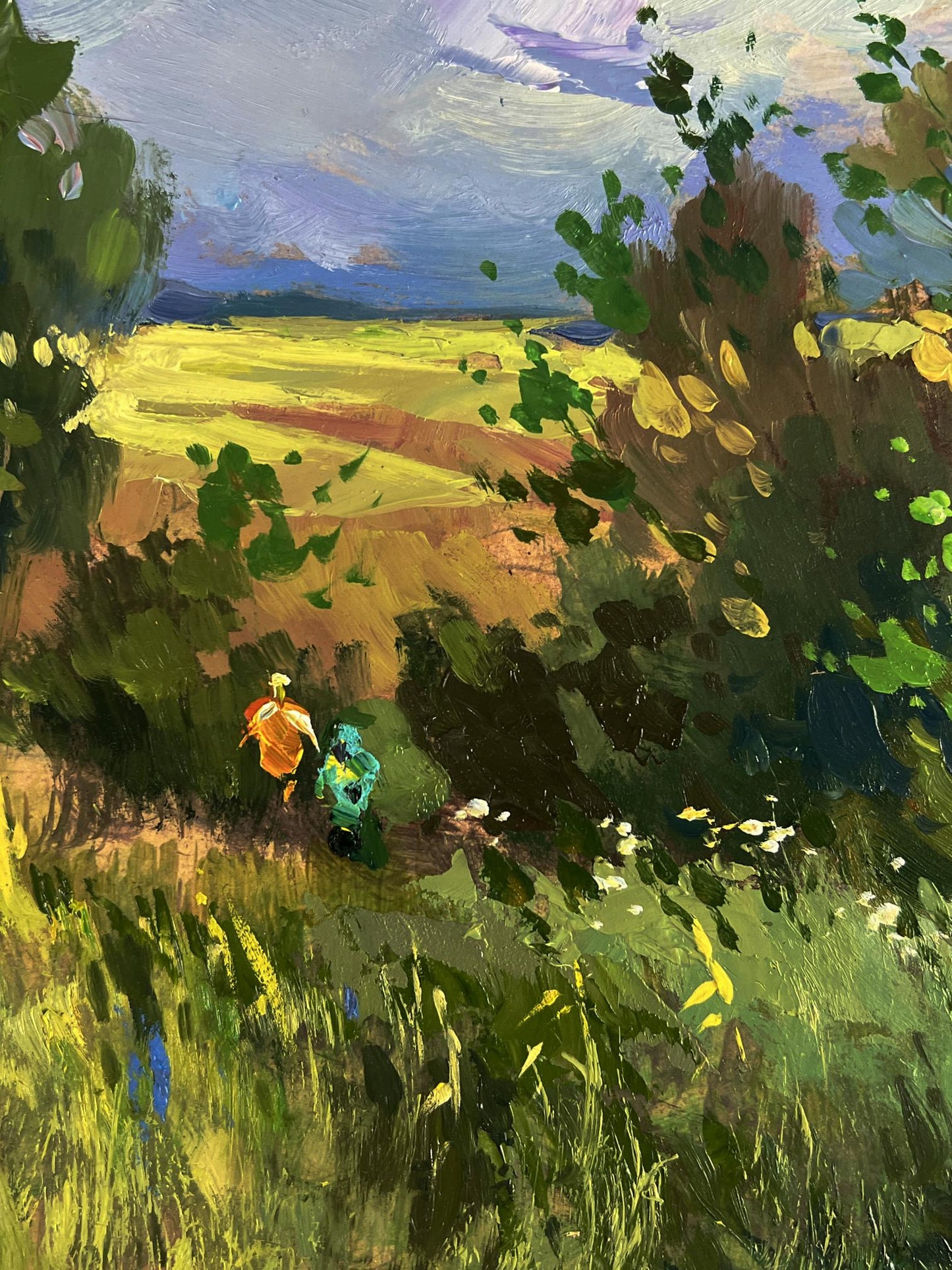Vibrant impressionistic oil painting by Yuriy Suprunchuk: lush fields, path with figures