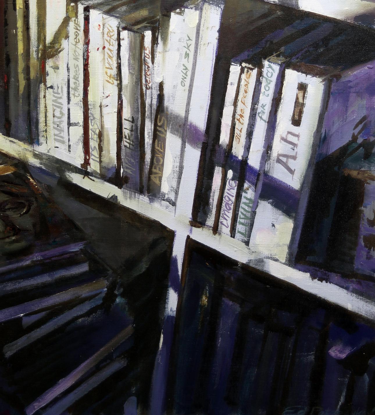 Oil painting Imagine by Ed Potapenkov with white-spined books on shelf