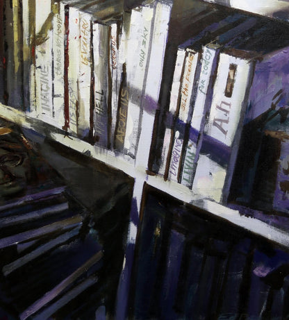Oil painting Imagine by Ed Potapenkov with white-spined books on shelf