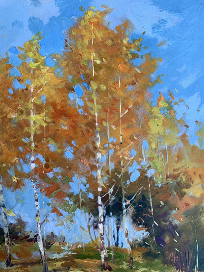 Vibrant impressionist oil painting of birch forest by Yuriy Suprunchuk