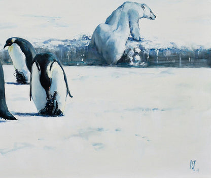 Serene polar bear and emperor penguins in arctic landscape by Oleg Kateryniuk