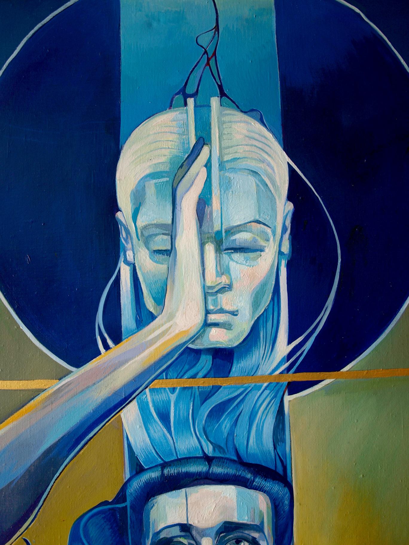 Oil painting Ashwattha by Konsta G. Amelinn: abstract geometric face in blue tones