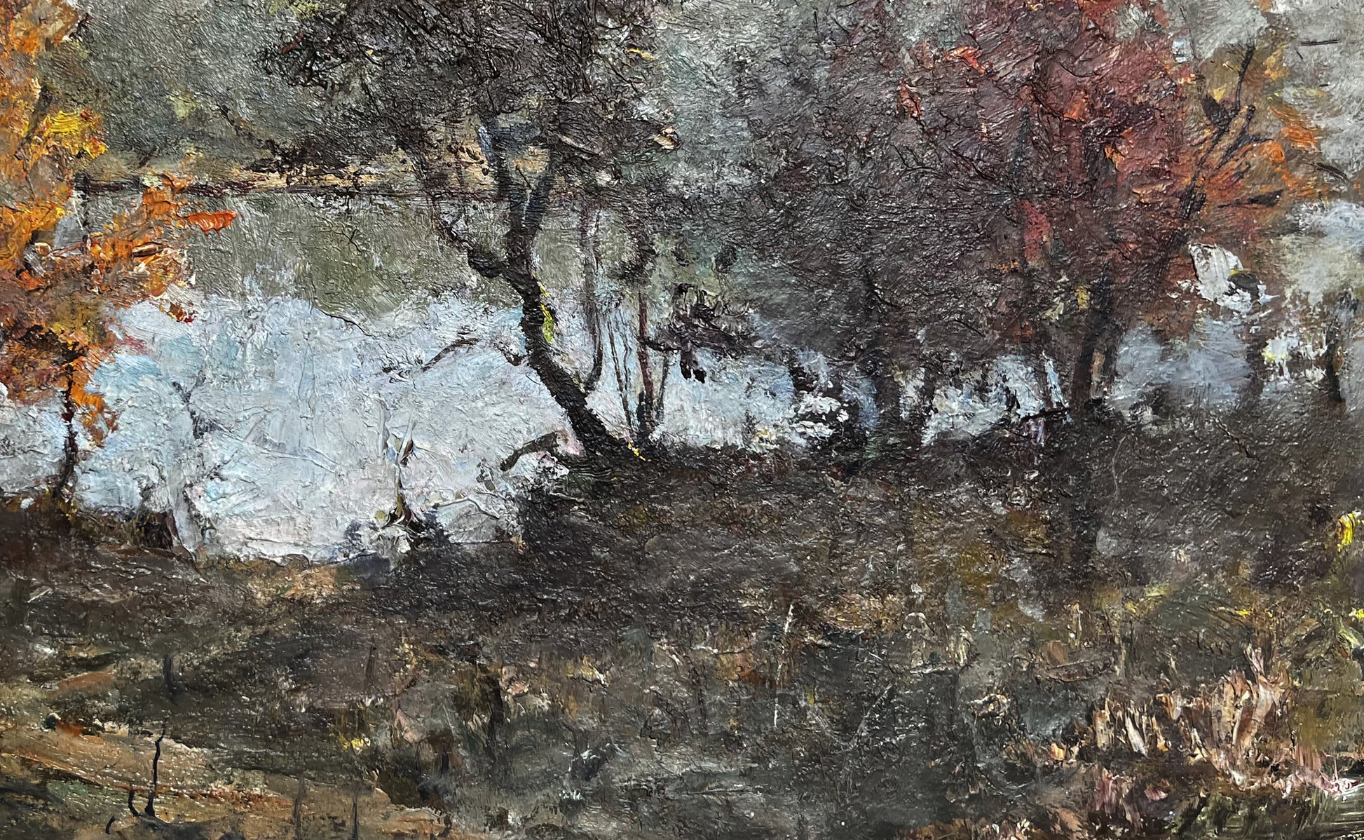 Impressionistic oil painting of autumn lake trees in orange, red, gray