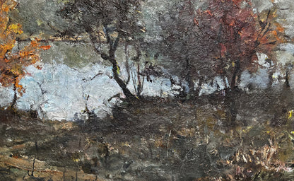 Impressionistic oil painting of autumn lake trees in orange, red, gray