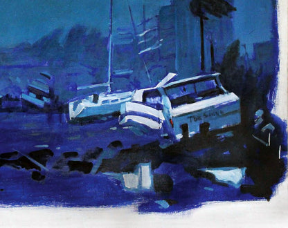 Stylized blue oil painting of The Siren boat by ENDRY Ed Potapenkov