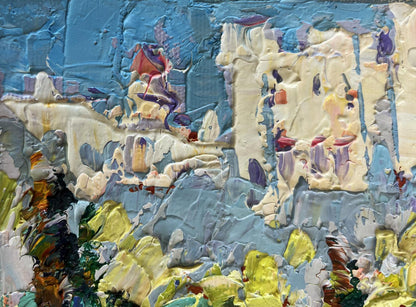Oil painting Sunny summer city by Oleksiy Ivanyuk, textured blue impasto