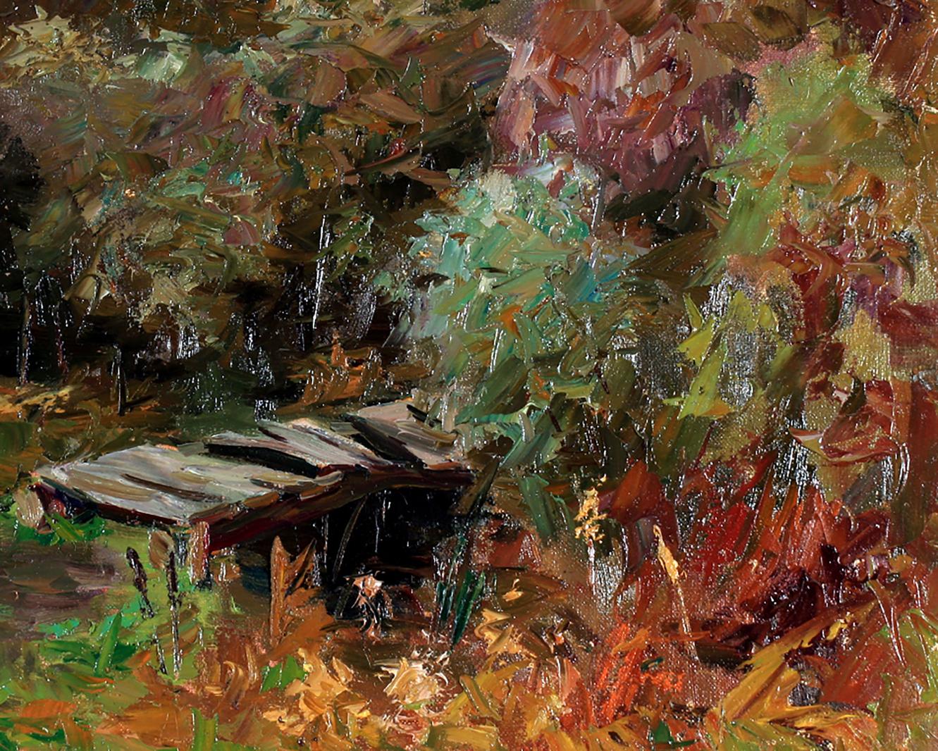 Oil painting by Boris Serdyuk: rustic wooden bridge in autumn foliage
