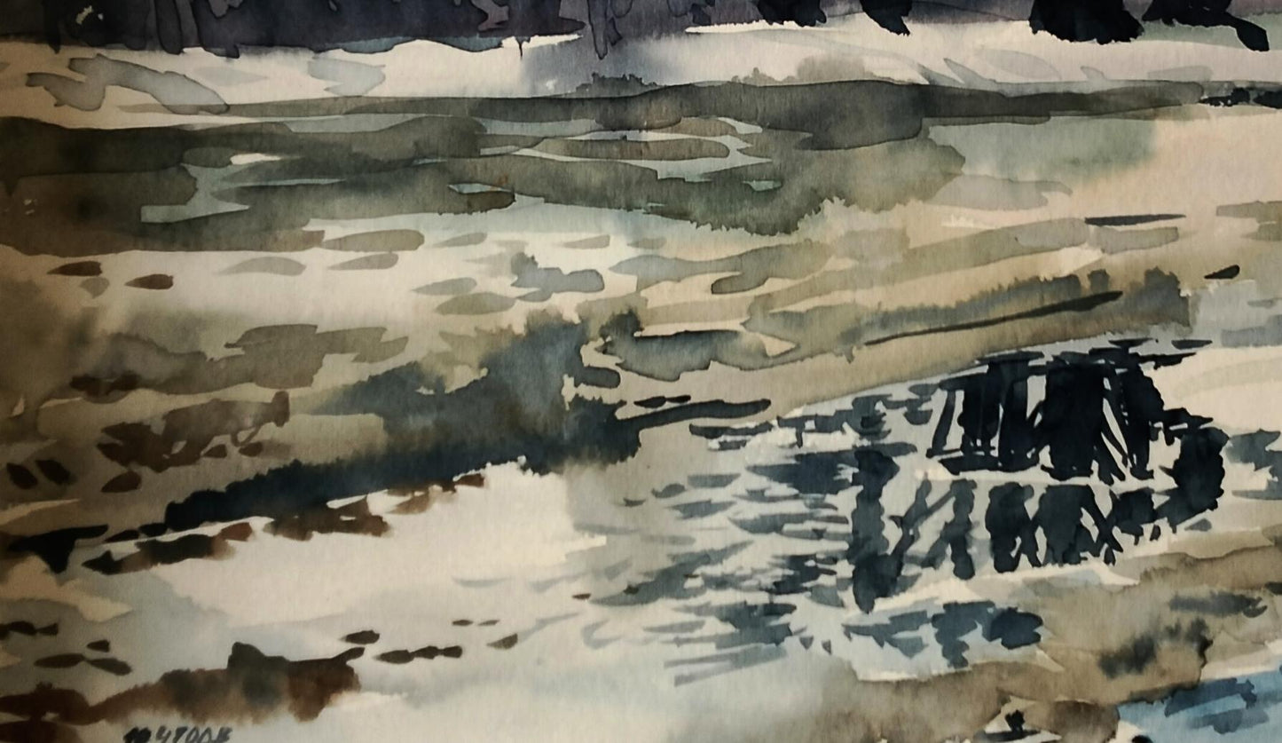 Watercolor painting of Winter leaves last trace on river by Vitaly Duhnevich