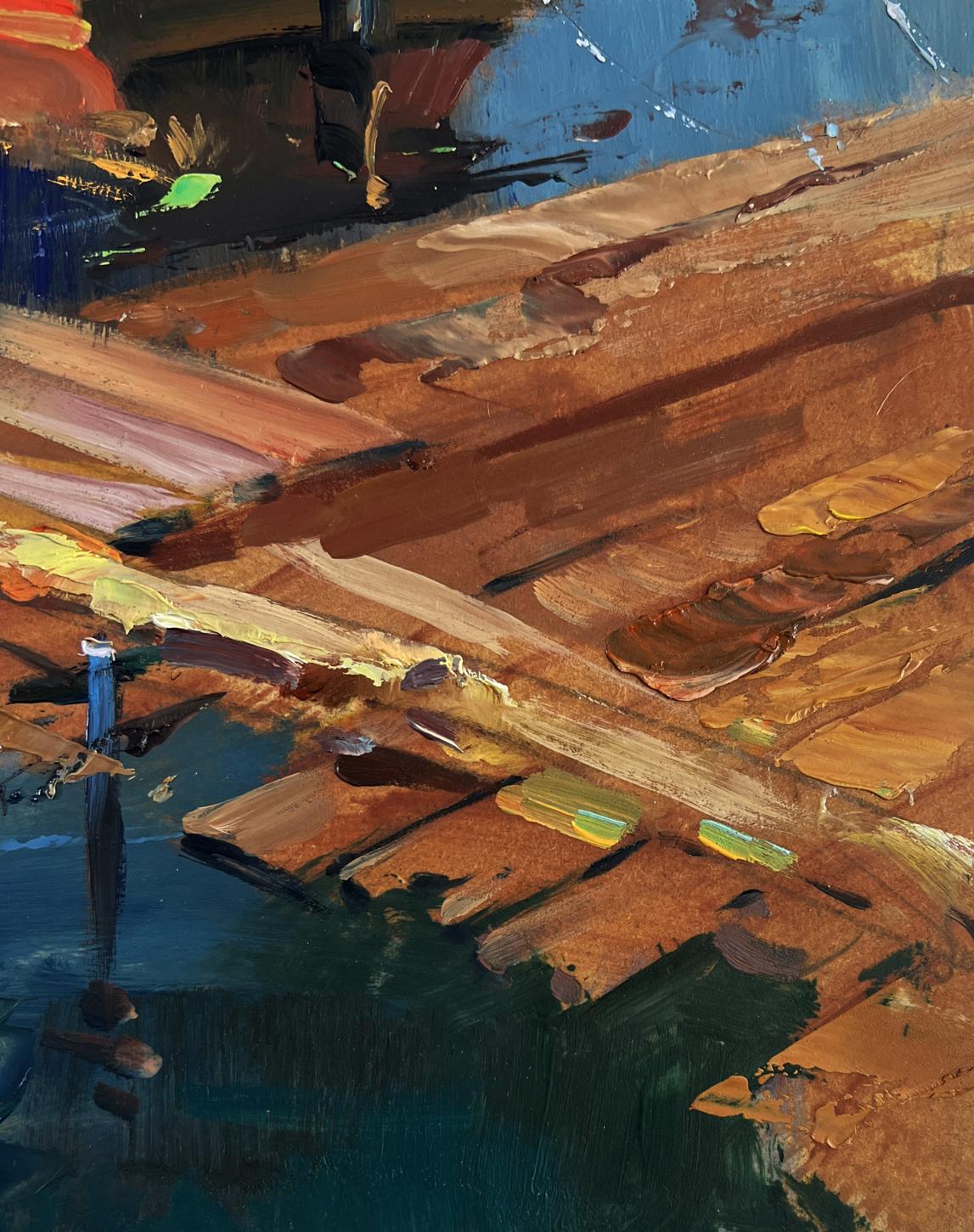 Oil painting of old wooden pier into sea by Yuriy Suprunchuk