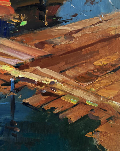 Oil painting of old wooden pier into sea by Yuriy Suprunchuk