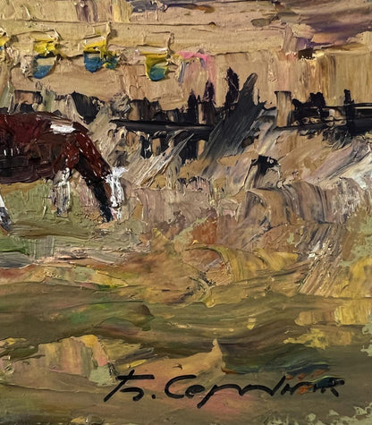 Textured oil painting of Boris Serdyuk village cows grazing horse in earthy tones