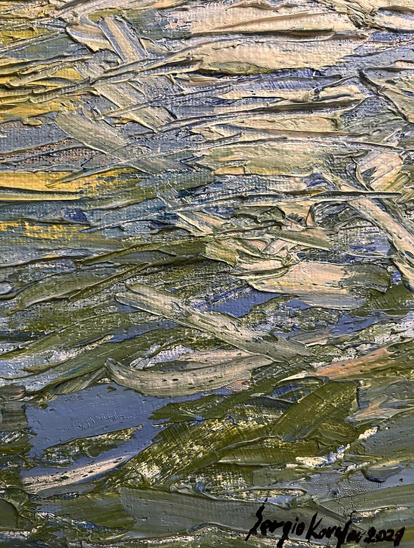 Oil painting Dark light by Serhiy Kovalev with textured green blue yellow hues