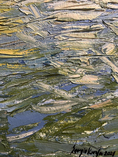 Oil painting Dark light by Serhiy Kovalev with textured green blue yellow hues