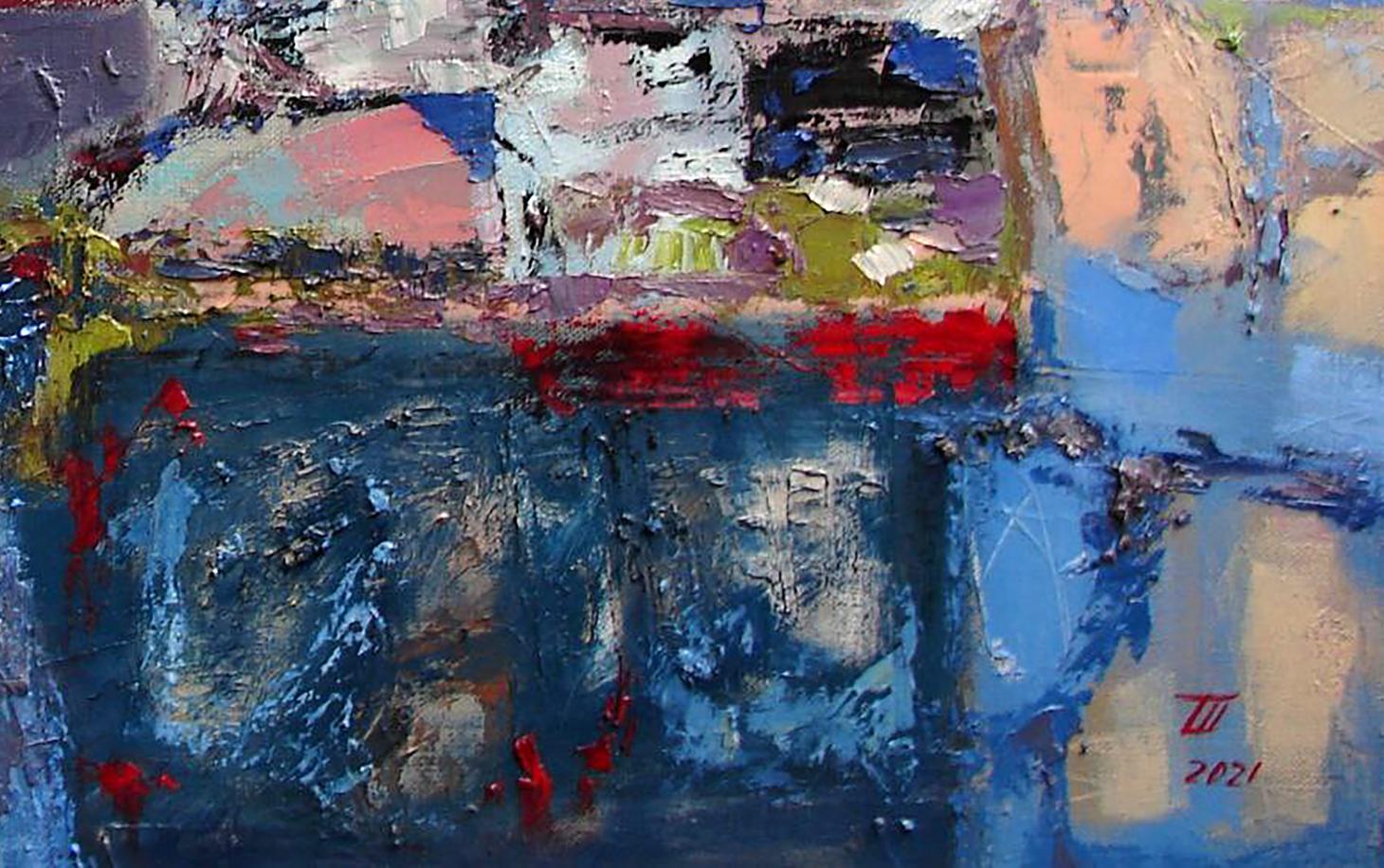Oil painting Winter landscape by Tatyana Shulyak in abstract blue red beige