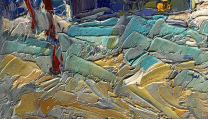 Oil painting Evening on the edge of the village by Oleksiy Ivanyuk with teal gold gray impasto