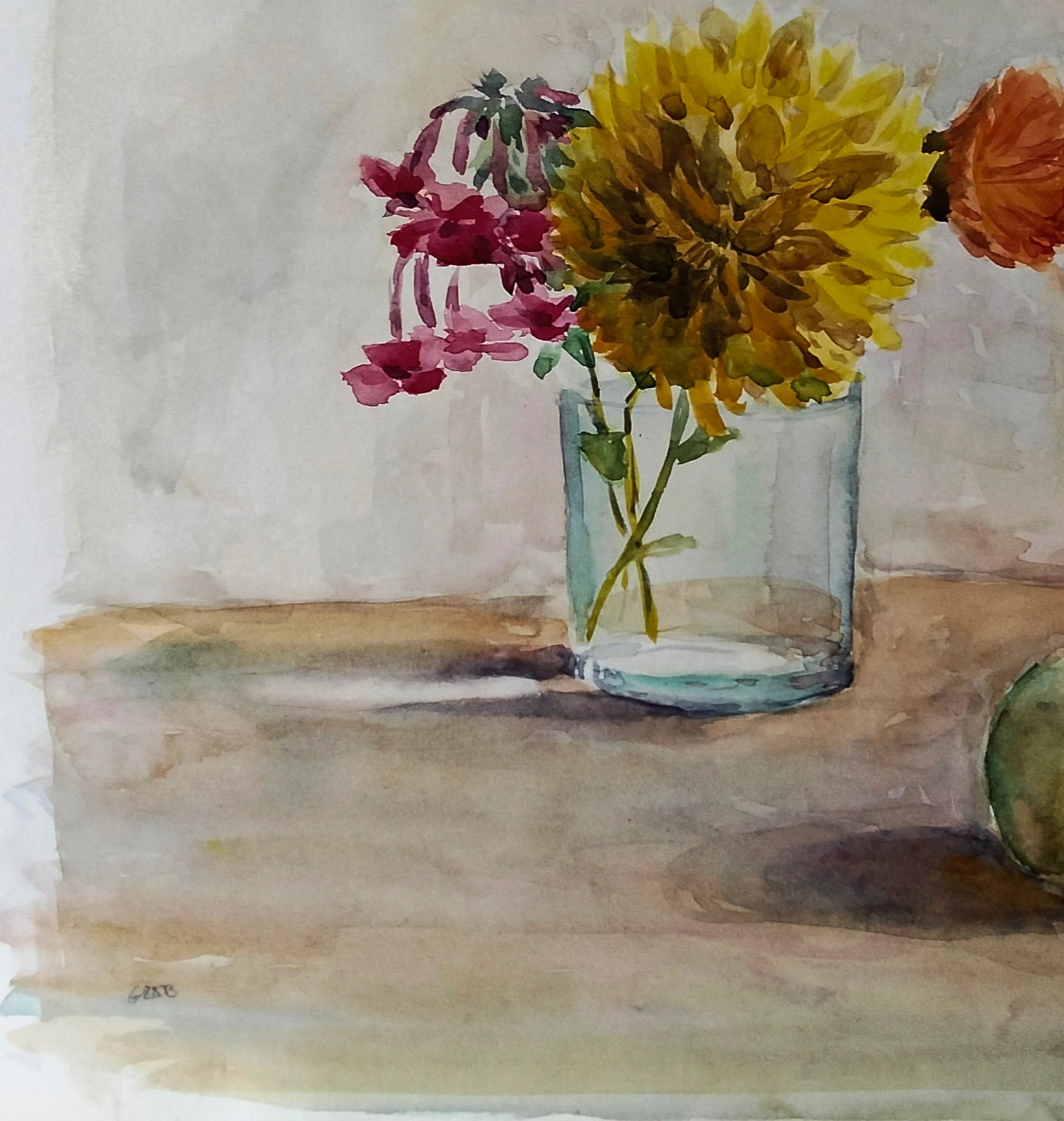 Watercolor painting of yellow pink flowers in vase by Vitaly Duhnevich