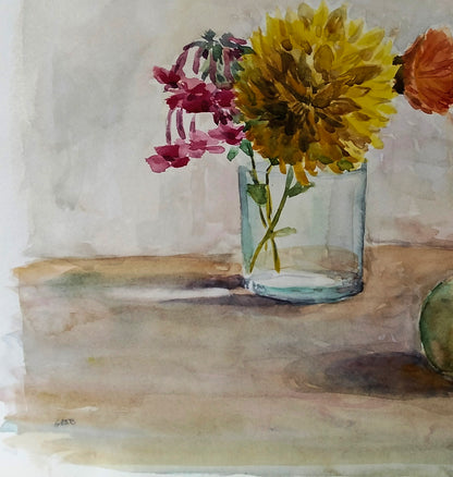 Watercolor painting of yellow pink flowers in vase by Vitaly Duhnevich
