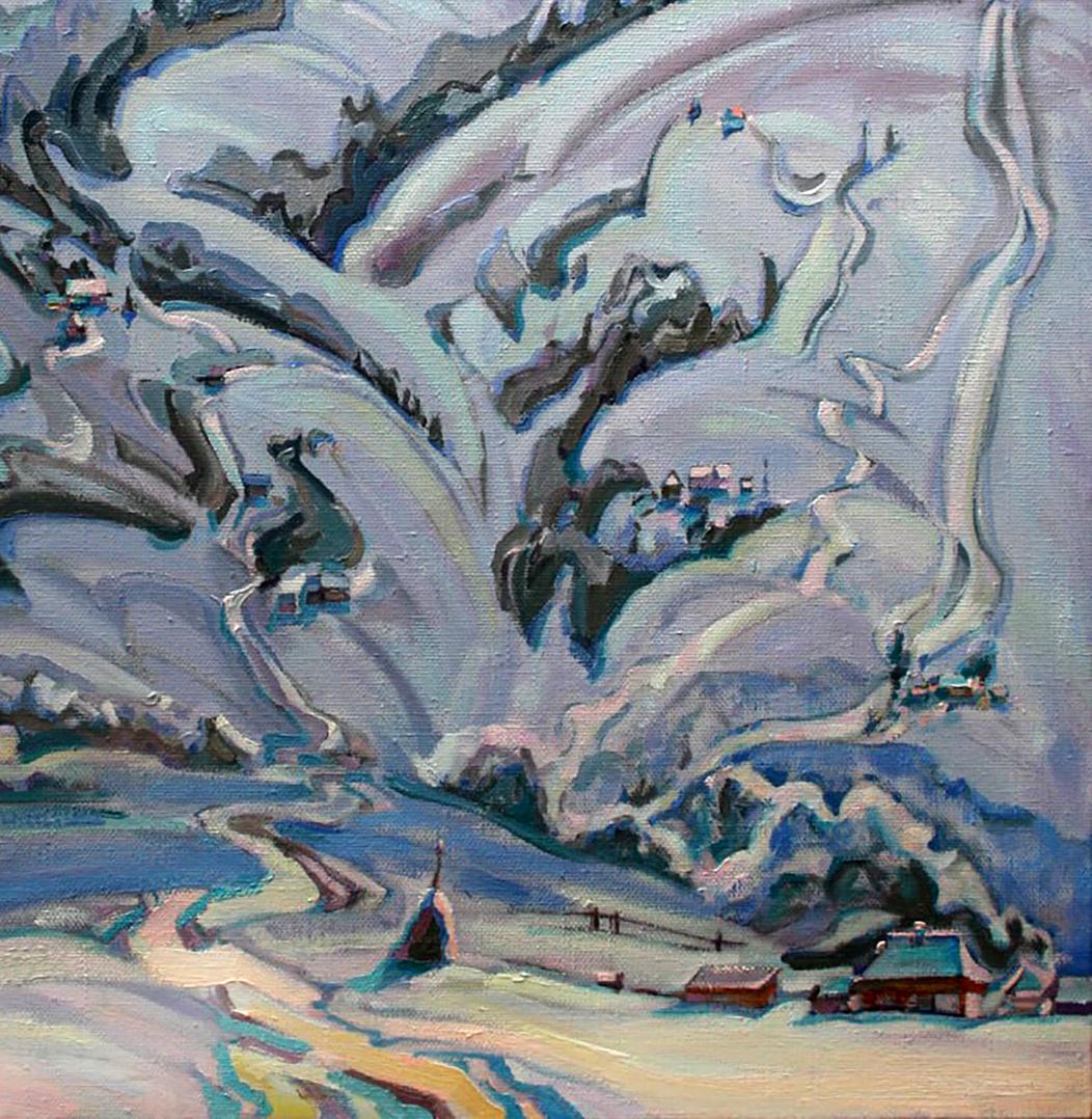 Abstract expressionist oil painting of snowy mountains by Leonid Pavlenko