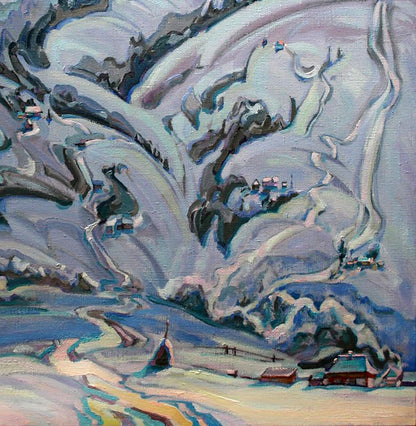 Abstract expressionist oil painting of snowy mountains by Leonid Pavlenko