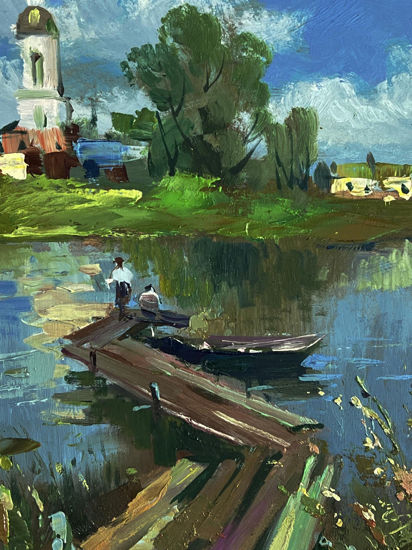 Oil painting of rustic dock and bridge over river by Yuriy Suprunchuk