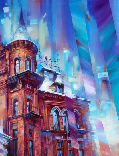 Oil painting of Barons House by Alexander Dobrodiy, vibrant abstract red brick building