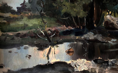 Oil painting Evening by the River by Vitaly Duhnevich serene woodland scene