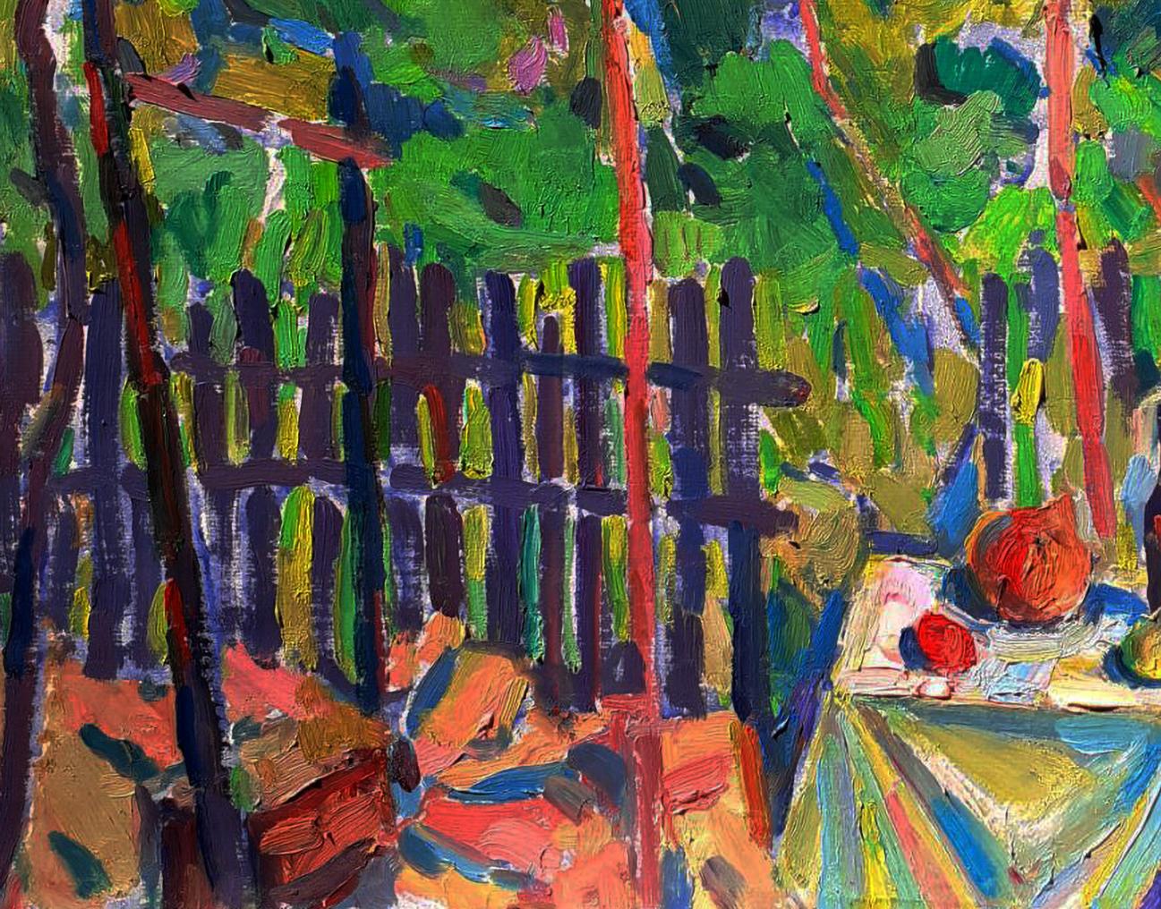 Vibrant impressionist oil painting In the Garden by Pavel Dobrev with purple fence