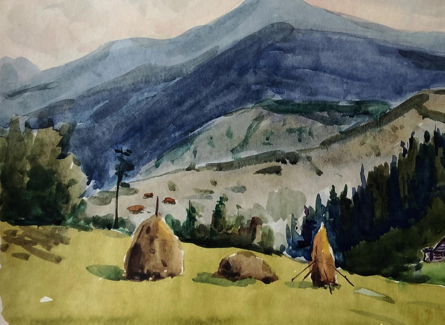 Watercolor painting of forests meeting mountains with hay bales by Vitaly Duhnevich