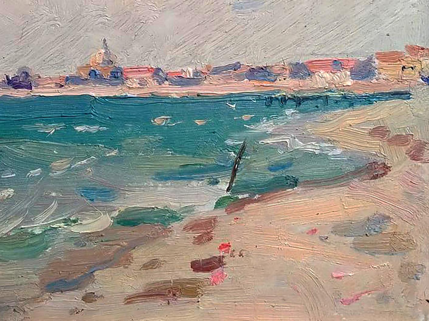 Impressionistic oil painting of turquoise coastal waves by Yury Konovalov