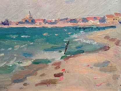 Impressionistic oil painting of turquoise coastal waves by Yury Konovalov