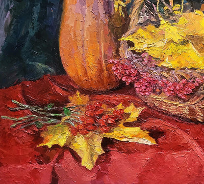 Oil painting Still life with pumpkin by Boris Serdyuk, textured orange with purple undertones