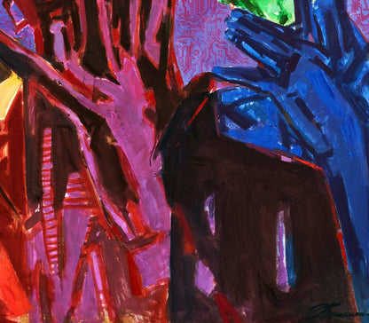 Vibrant acrylic painting Theater Ed Potapenkov with bold red pink blue strokes on circuit board background