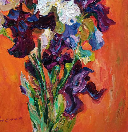 Vibrant impressionist oil painting of irises on red by Leonid Pavlenko