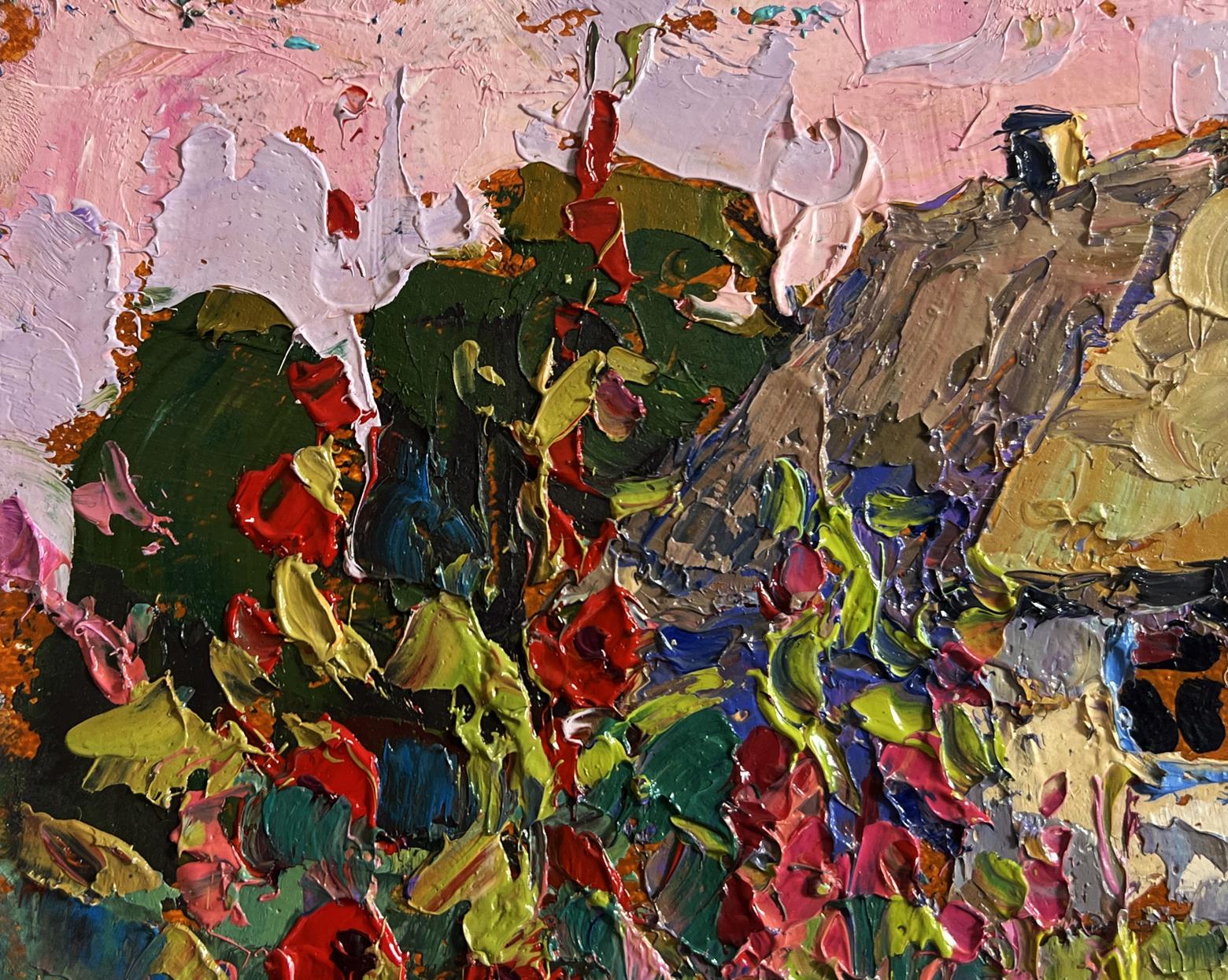 Vibrant oil painting of mallows blooming in garden by Oksana Ivanyuk