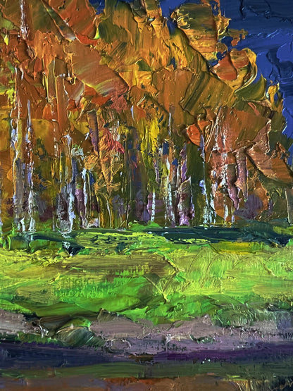 Vibrant impressionist oil painting Autumn on the shore river by Boris Serdyuk