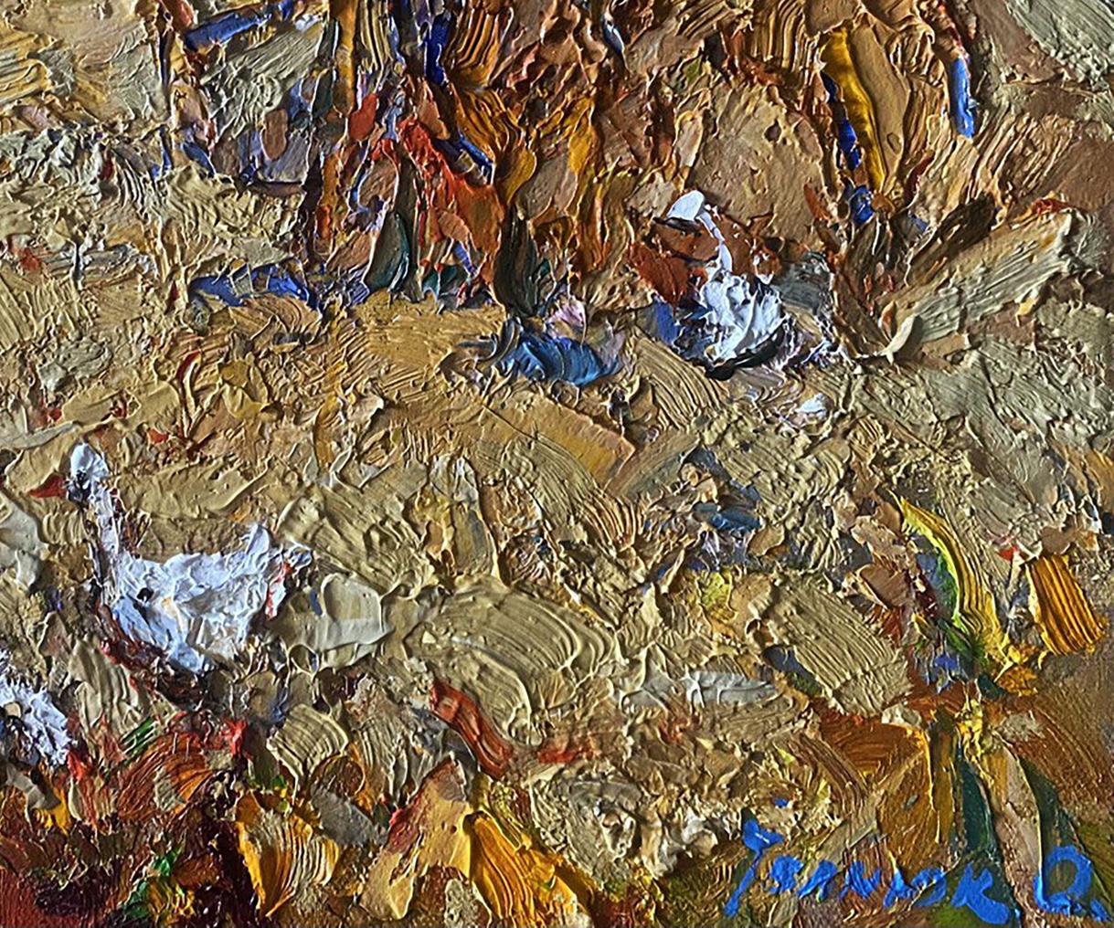 Oil painting Geese in the Fields by Oksana Ivanyuk with impasto earthy tones