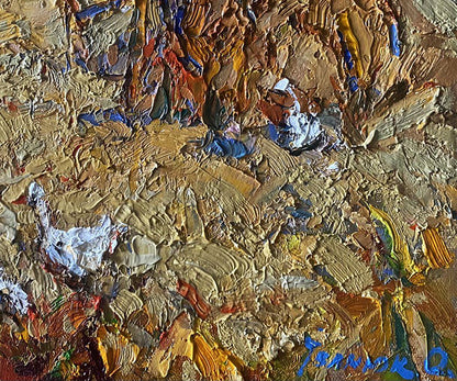 Oil painting Geese in the Fields by Oksana Ivanyuk with impasto earthy tones