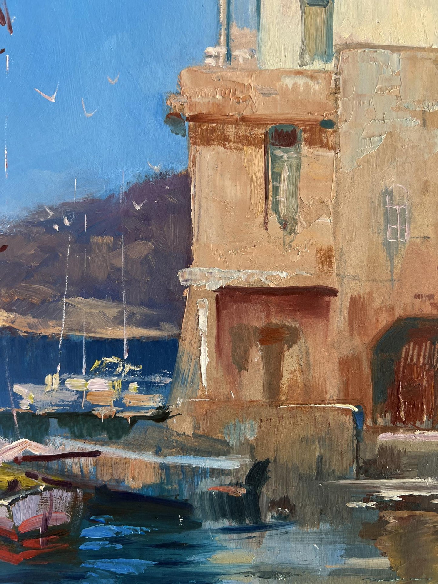 Oil painting Waiting for the Tide by Yuriy Suprunchuk: ochre stone harbor scene